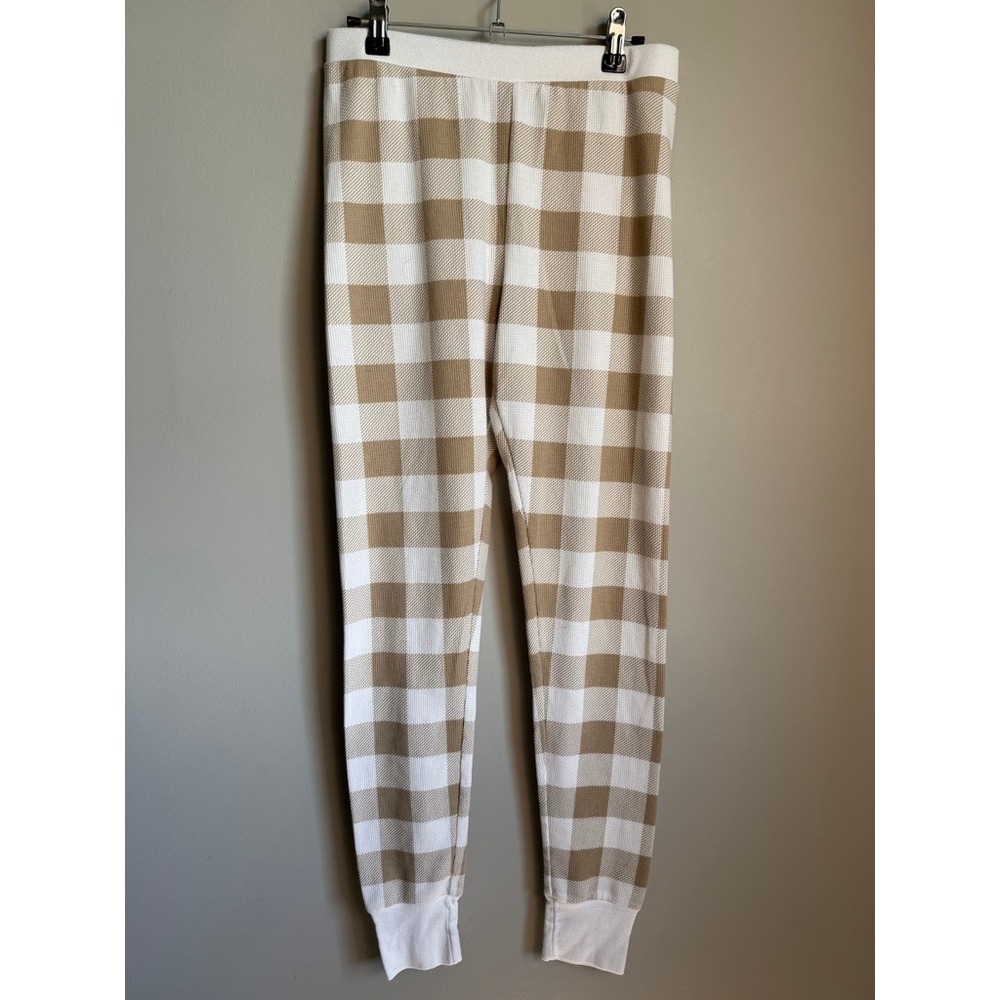 Old Navy Thermal Bottom Womens Medium Beige Tan Plaid Leggings Cozy Waffle Knit